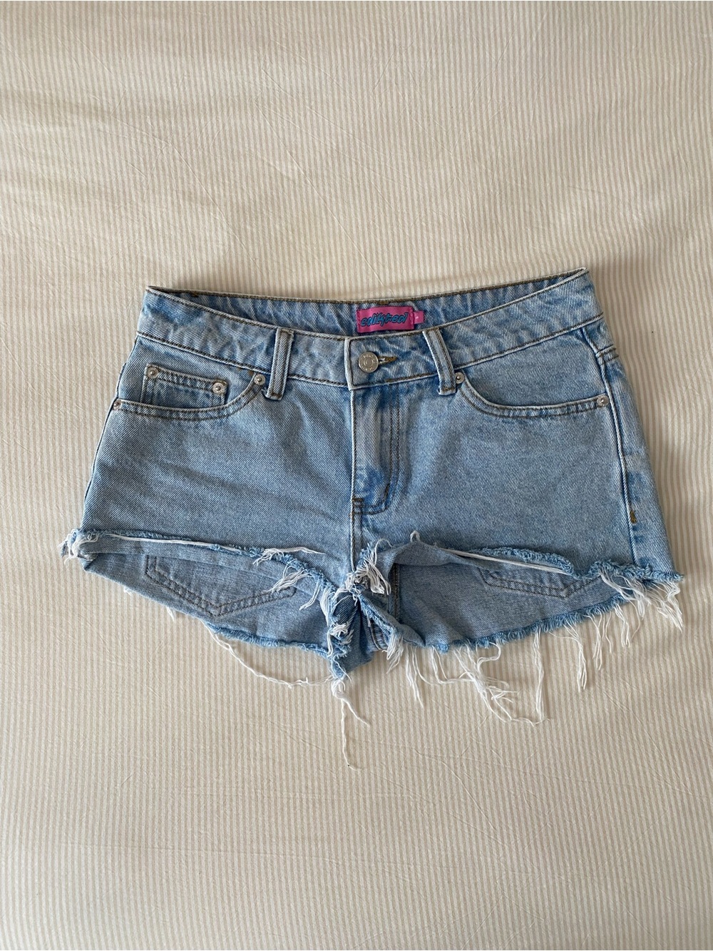 Edikted Light Blue Distressed Denim Shorts